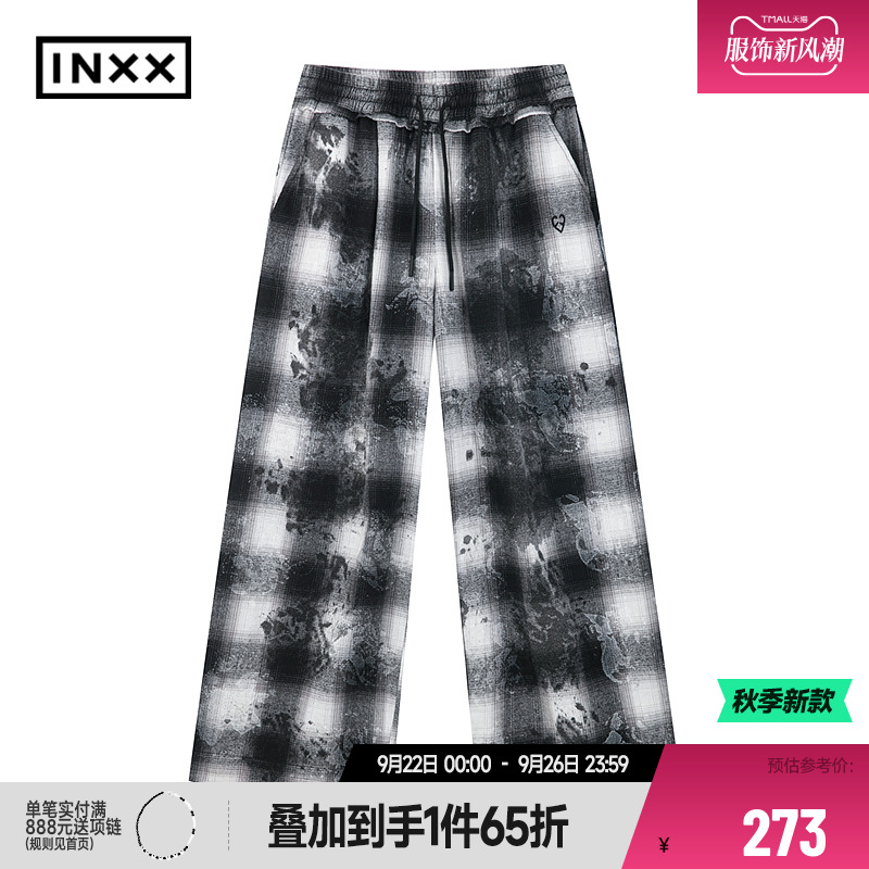 【INXX】复古手工刷色休闲裤子男磨毛质感斑驳格纹阔腿长裤女潮牌
