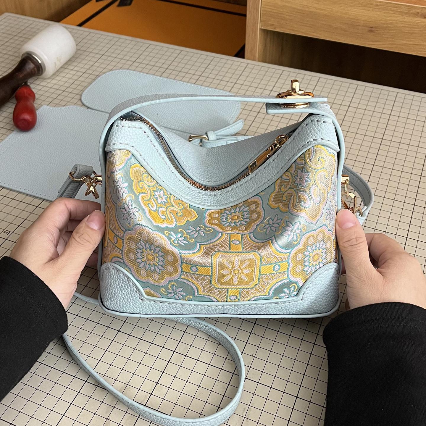 新中式宋锦国风饭盒包diy手工编织包包自制材料包手缝斜挎手提包