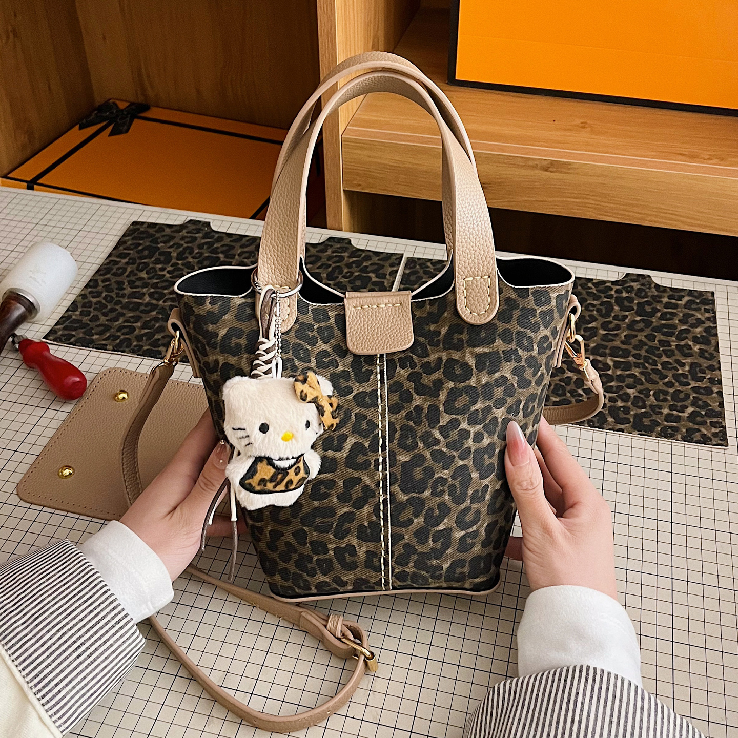 豹纹水桶包自制DIY手工编织包包