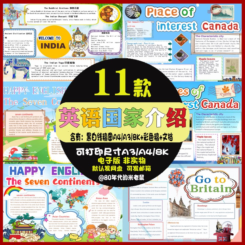 英语国家手抄报加拿大印度英国亚洲国家地理英文电子小报线稿8KA3