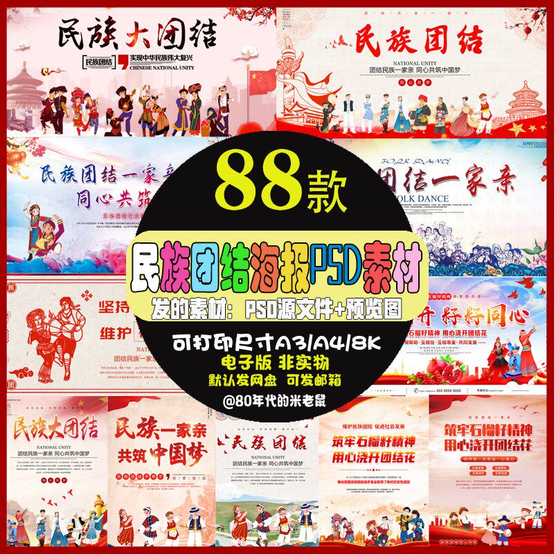 中国民族大团结展板文化宣传栏海报公益宣传画红色PSD设计素材