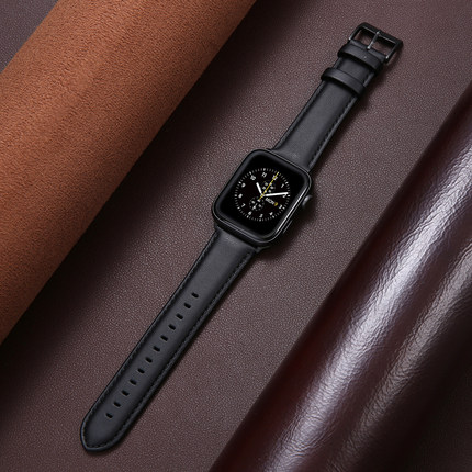 适用苹果手表真皮apple watch10表带疯马棕纹iwatch9腕带皮质6代SE头层牛皮创意s7/8黑色男款女个性潮牌46mm