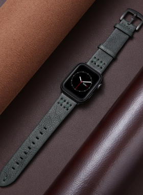 适用苹果手表iwatch10表带真皮创意运动applewatch9/8/7/6/5/4/3/2/1/se代头层牛皮41/45mm女男潮牌墨绿色