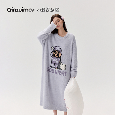 亲嘴猫半边绒可外穿睡袍家居服女