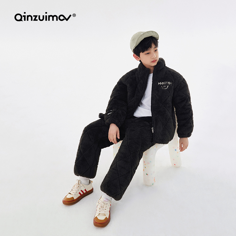 亲嘴猫儿童珊瑚绒夹棉睡衣