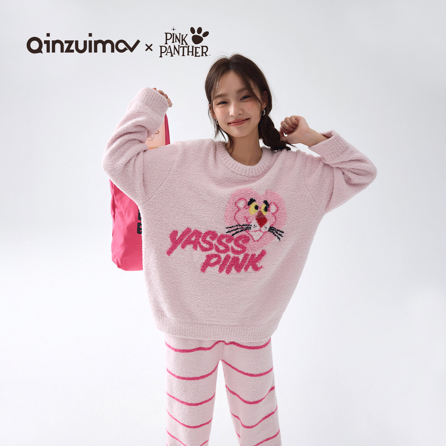 半边绒可外穿卡通可爱条纹睡衣家居服套装秋冬女