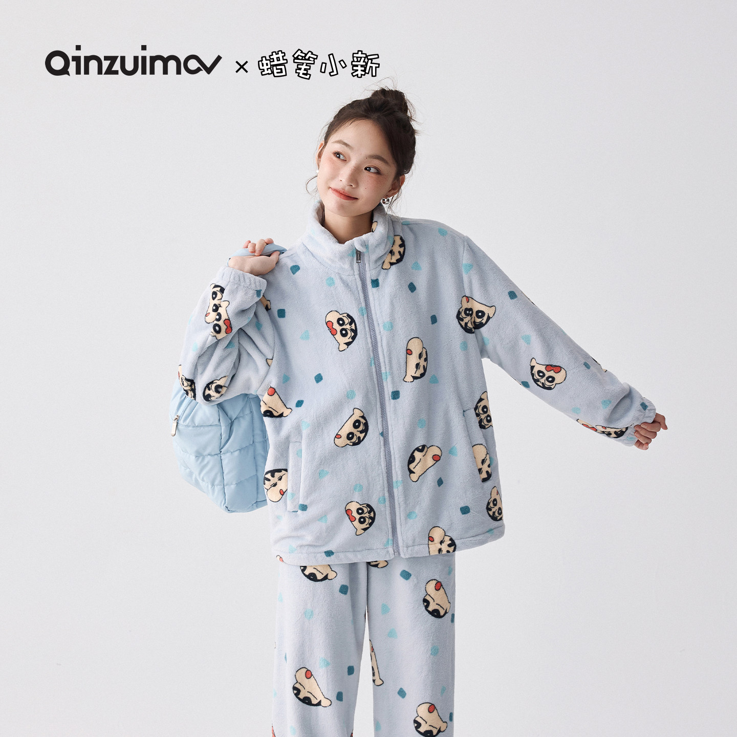 亲嘴猫【蜡笔小新】法兰绒可外穿卡通可爱少女睡衣家居服套装秋冬