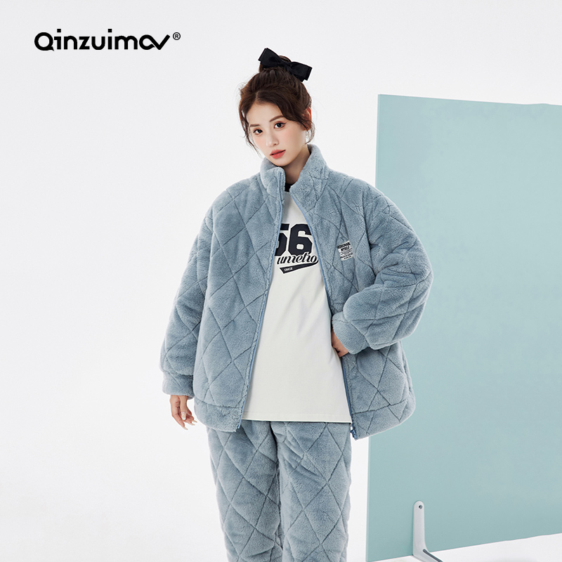 亲嘴猫女士珊瑚绒夹棉睡衣