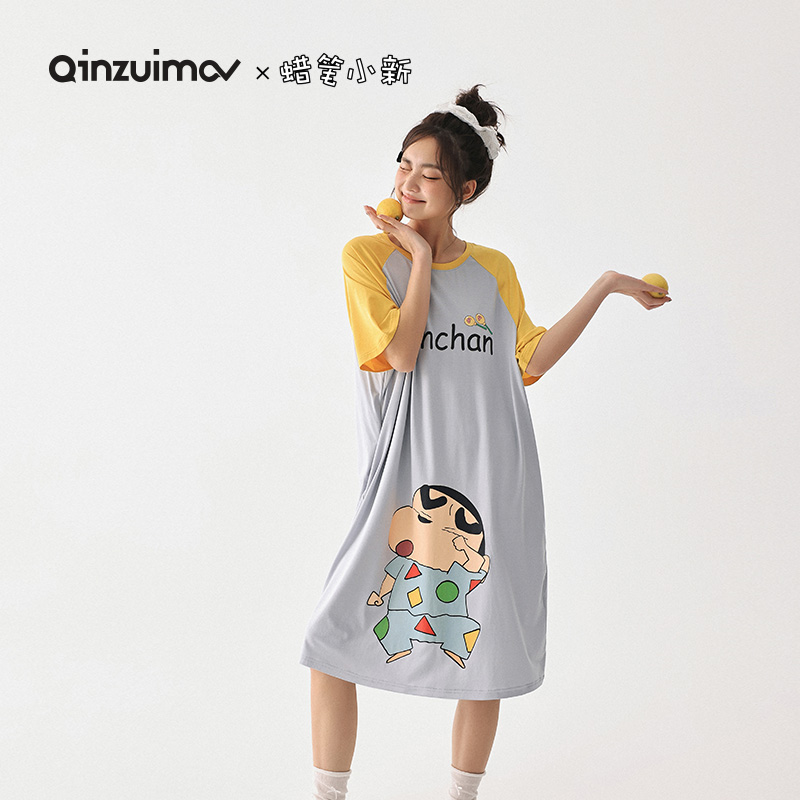 亲嘴猫蜡笔小新少女莫代尔棉睡裙
