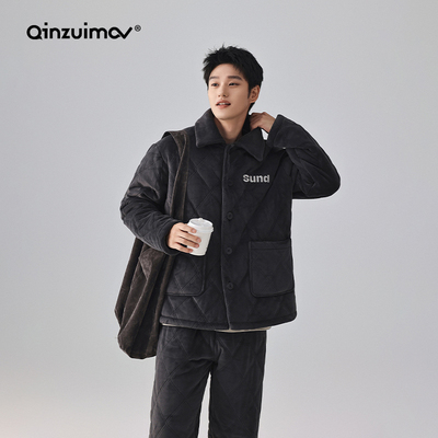 亲嘴猫海岛绒夹棉睡衣男士冬季