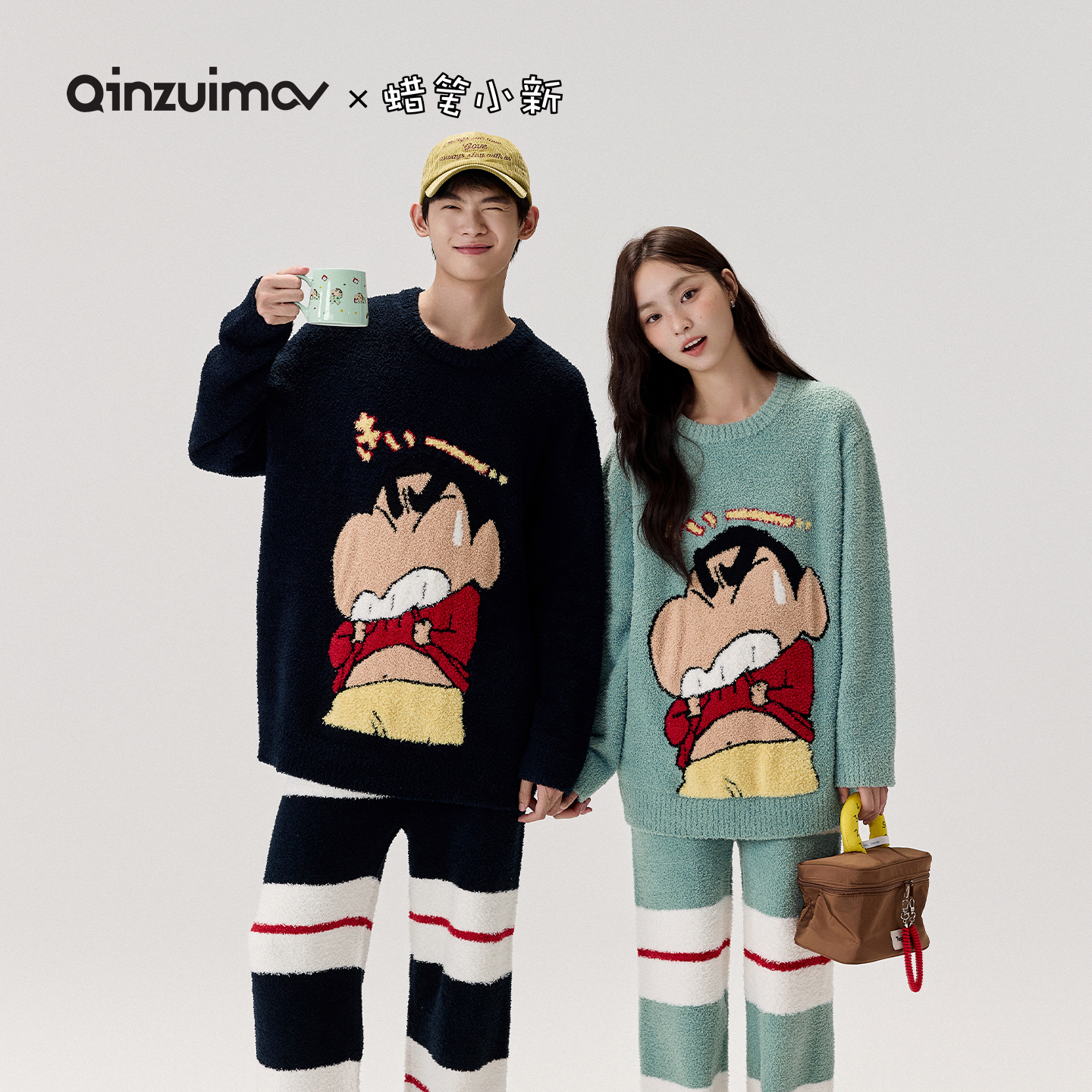 亲嘴猫半边绒卡通情侣家居服套装