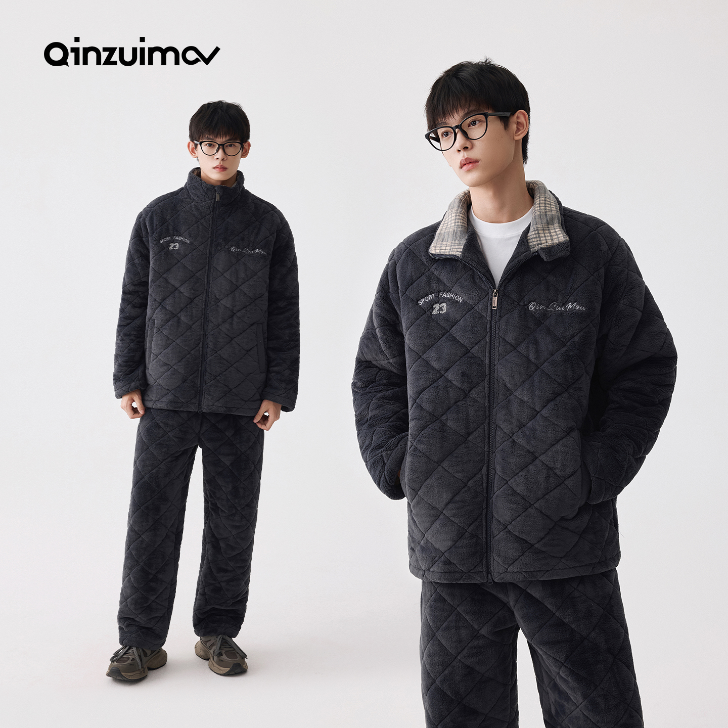 亲嘴猫暖暖绒三层加厚保暖可外穿夹棉男士睡衣家居服两件套装冬季