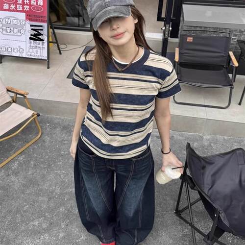 韩系复古设计感撞色条纹短袖T恤女春夏休闲内搭圆领正肩半袖上衣