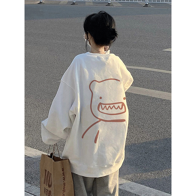 白色无帽卫衣女秋冬加绒加厚上衣
