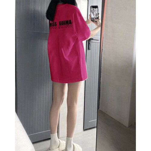纯棉玫红色正肩短袖T恤女夏季