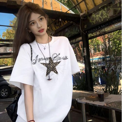 美式复古豹纹星星短袖T恤女夏季