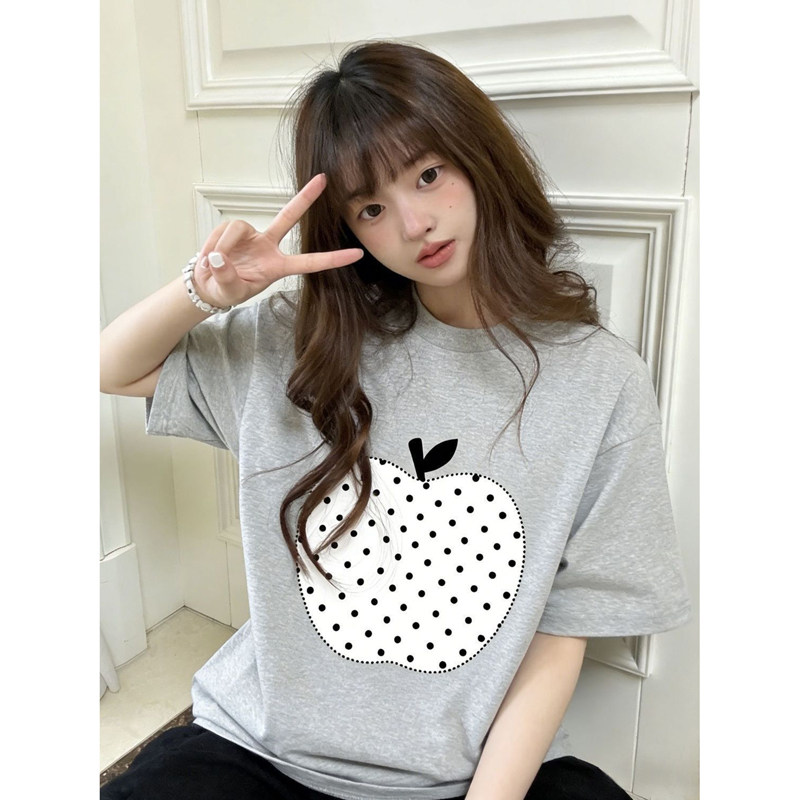 美式复古波点刺绣短袖T恤女夏季2026新款初中生宽松纯棉正肩上衣