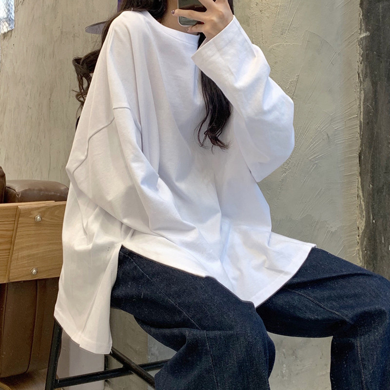 白色纯棉长袖T恤女春秋季2026新款韩版宽松中长款内搭打底衫上衣