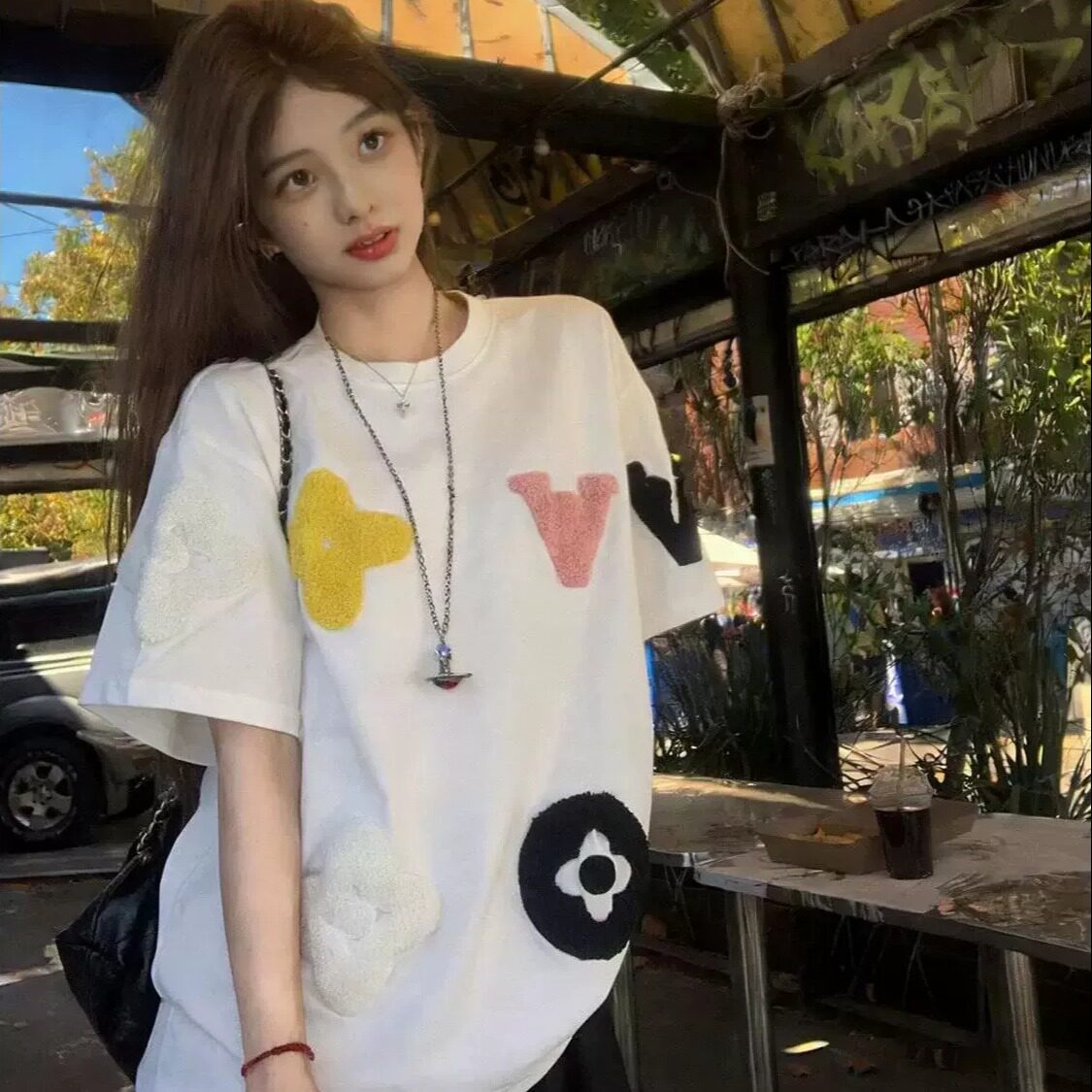 美式复古毛巾绣白色短袖T恤女夏