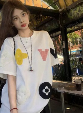 美式复古毛巾绣字母白色短袖T恤女夏季2026新款潮牌纯棉宽松上衣