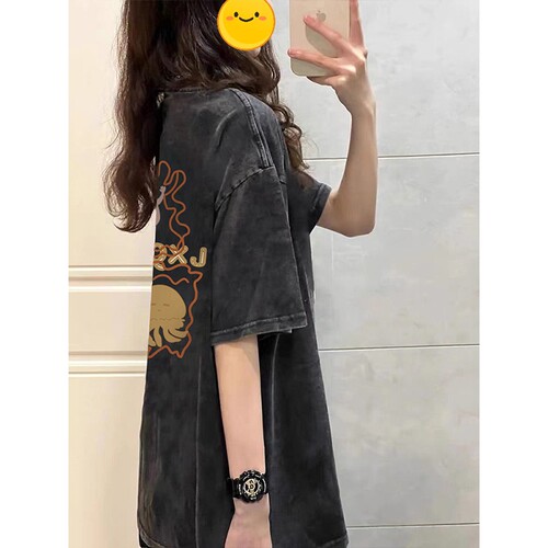 正肩短袖t恤女夏季做旧水洗上衣