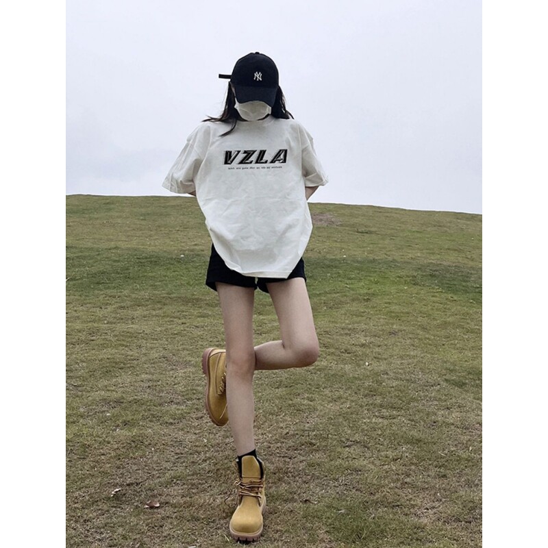 美式复古纯棉白色短袖t恤女夏季