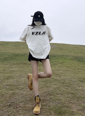 美式复古纯棉白色短袖t恤女夏季2026新款设计感小众宽松正肩上衣