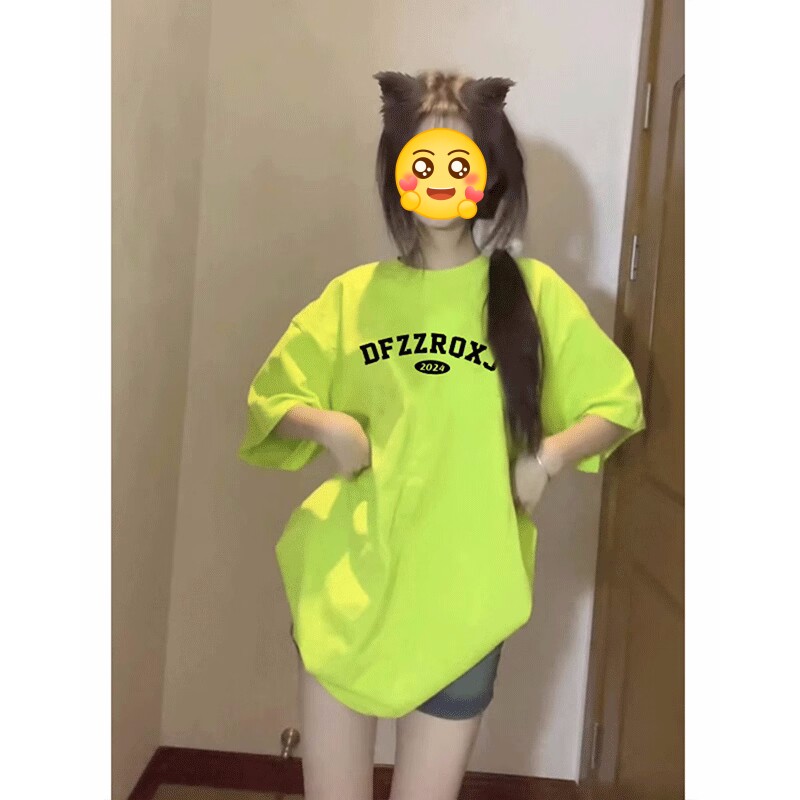 荧光绿纯棉短袖t恤女夏季上衣潮