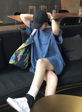 欧货大版纯棉T恤女短袖夏季2026新款韩版宽松纯色中长款蓝色上衣