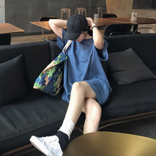 欧货大版纯棉T恤女短袖夏季2026新款韩版宽松纯色中长款蓝色上衣