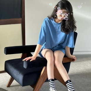 蓝色纯棉短袖T恤女夏季2026新款欧货大版宽松下衣失踪中长款上衣