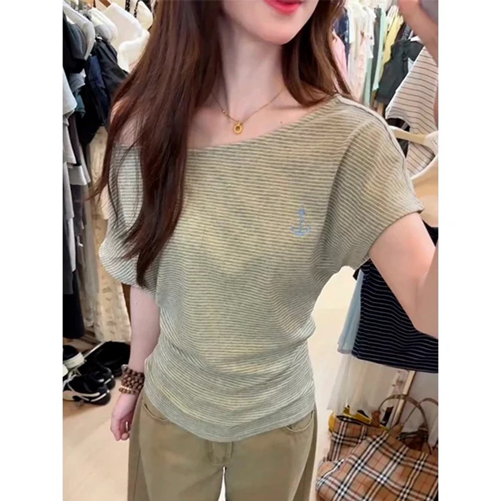 美式多巴胺条纹露肩短袖t恤女夏