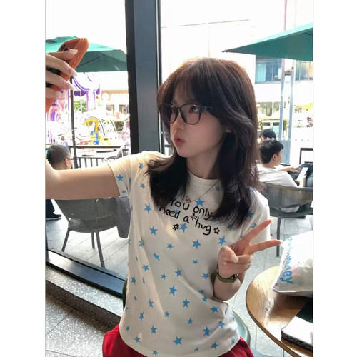 美式高街星星字母刺绣短袖t恤女
