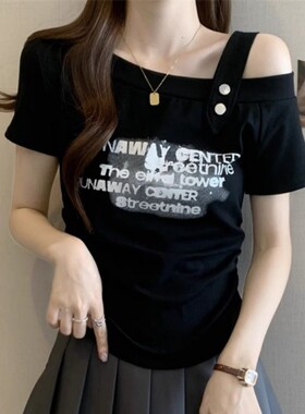 美式复古斜领短袖T恤女夏季上衣