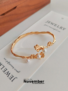 November 原创纯银镀金珍珠手镯开口金箔巴洛克复古高奢小众手环