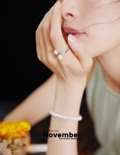 November 原创设计小众纯银金色珍珠开口戒指可调节指圈