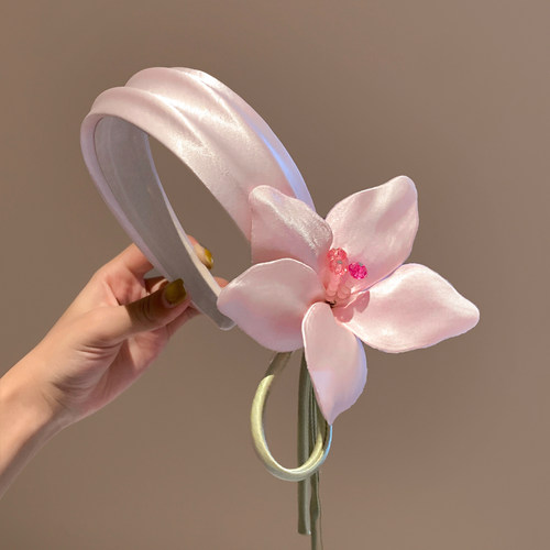 浪漫花期~粉色百合花朵飘带发箍