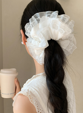 云栖夏雾~白色双层蕾丝大肠发圈女百搭高级感头饰丸子头大号发绳