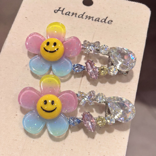 韩系高级感渐变笑脸花朵水钻发夹