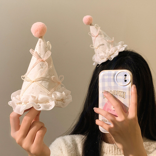 可爱米色蝴蝶结生日帽子发夹女高级感拍照道具侧边鸭嘴夹头饰夹子