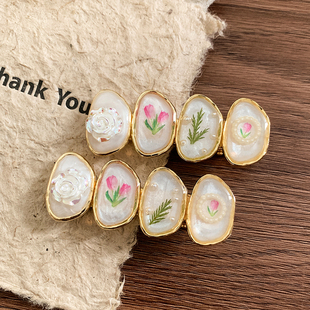 莫奈花园 复古一字夹夹子头饰 森系花朵滴釉发夹女侧边夹发卡法式