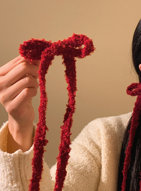 红色毛绒蝴蝶结发夹女2025新款高级感前额碎发刘海夹新年头饰发卡