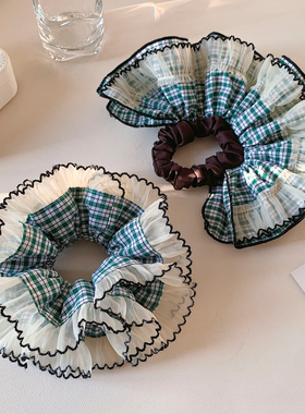 小清新绿色格子花边双层大肠发圈女韩系气质头绳发饰扎头发丸子头