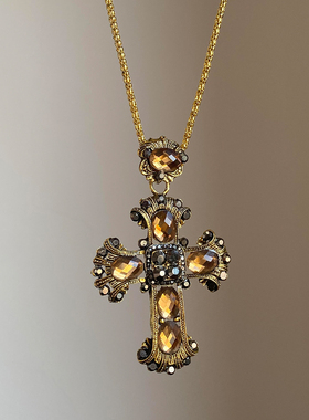 复古做旧感重工镶钻宝石十字架项链女秋冬长款y2k小众吊坠毛衣链