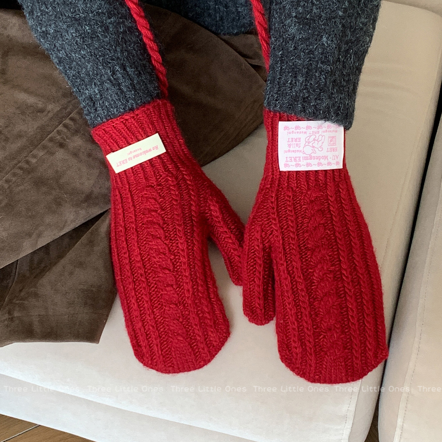 含羊毛韩系毛线针织保暖手套女冬天灰色防寒防风可触屏全包挂脖