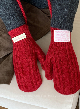 含羊毛韩系毛线针织保暖手套女冬天灰色防寒防风可触屏全包挂脖