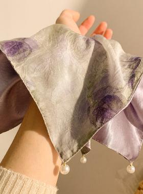 新中式晕染紫色花朵珍珠方巾大肠发圈女高级感方形扎头发头饰发绳