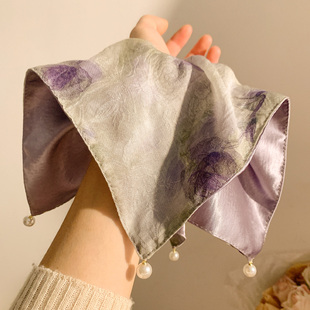 新中式 晕染紫色花朵珍珠方巾大肠发圈女高级感方形扎头发头饰发绳