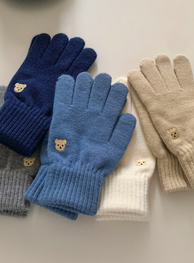 韩系可爱小熊毛线针织分指手套女可触屏露指防风秋冬加厚百搭骑行