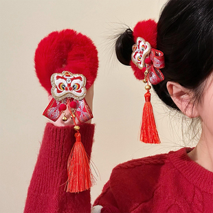 新中式 红色醒狮流苏毛绒大肠发圈女中国风扎头发头绳儿童喜庆发饰